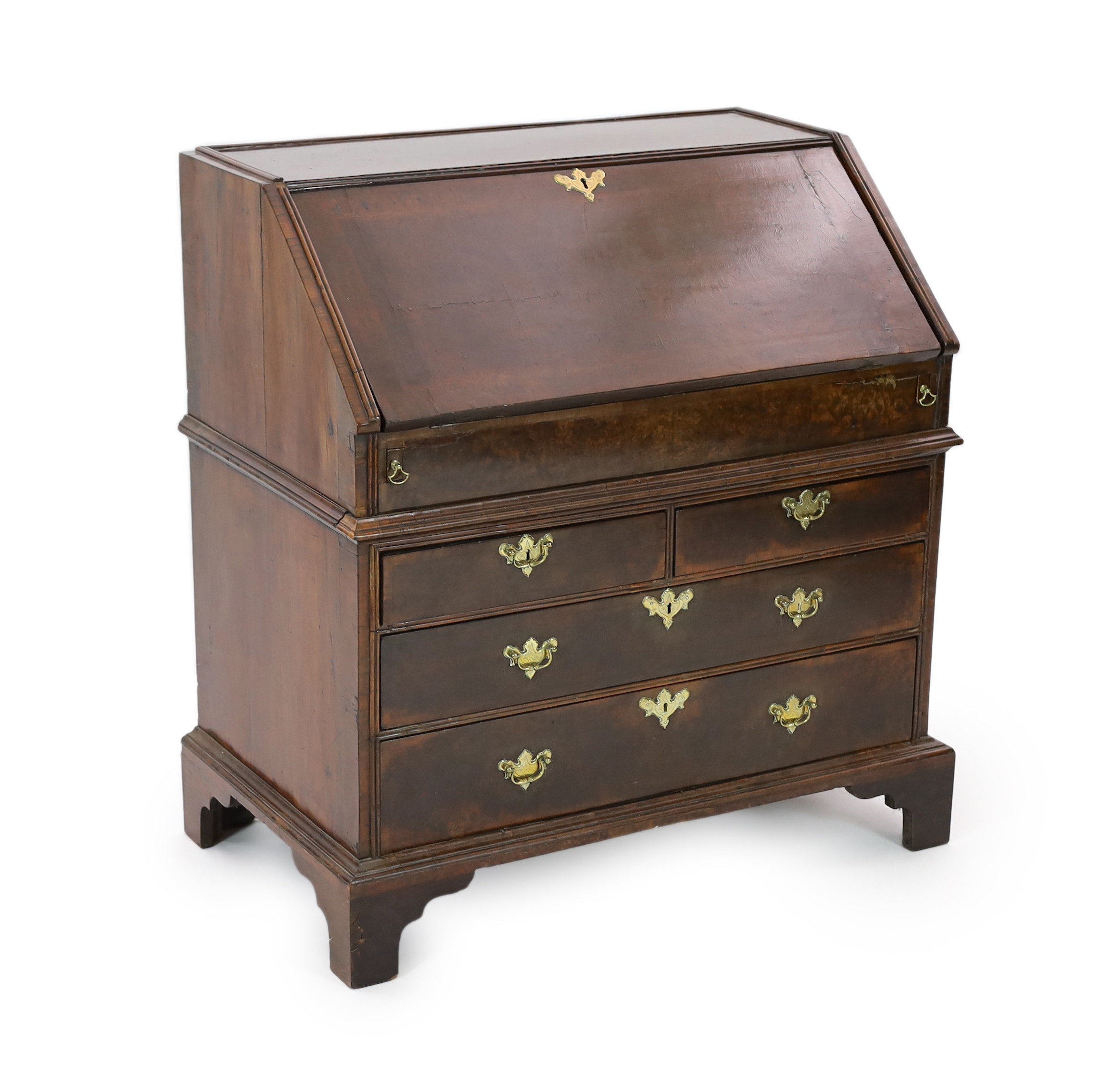 An early 18th century burr walnut bureau, W.105cm D.61cm H.108cm